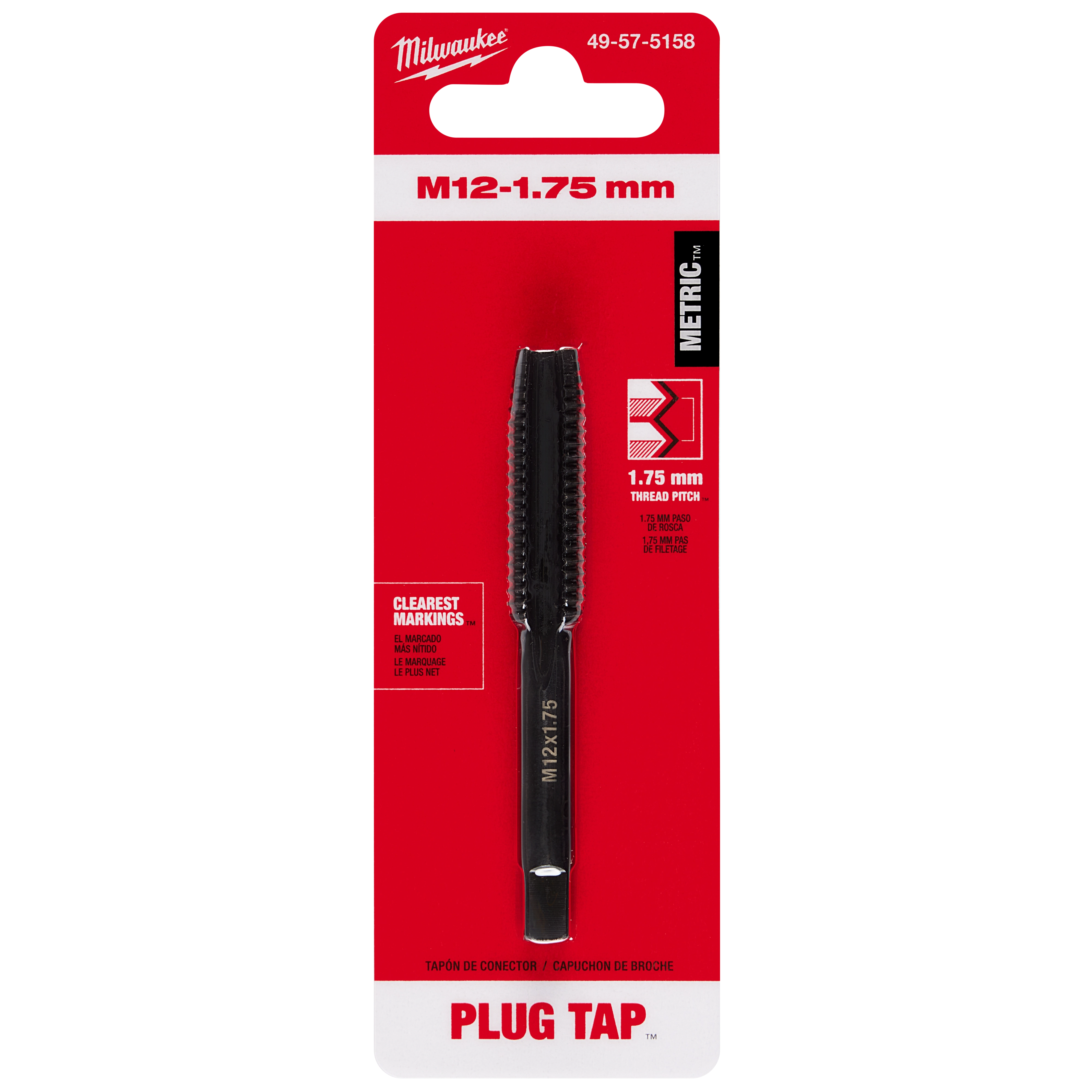 M12-1.75 mm Straight Flute Plug Tap in black, displayed in red and white packaging with metric thread pitch of 1.75 mm.