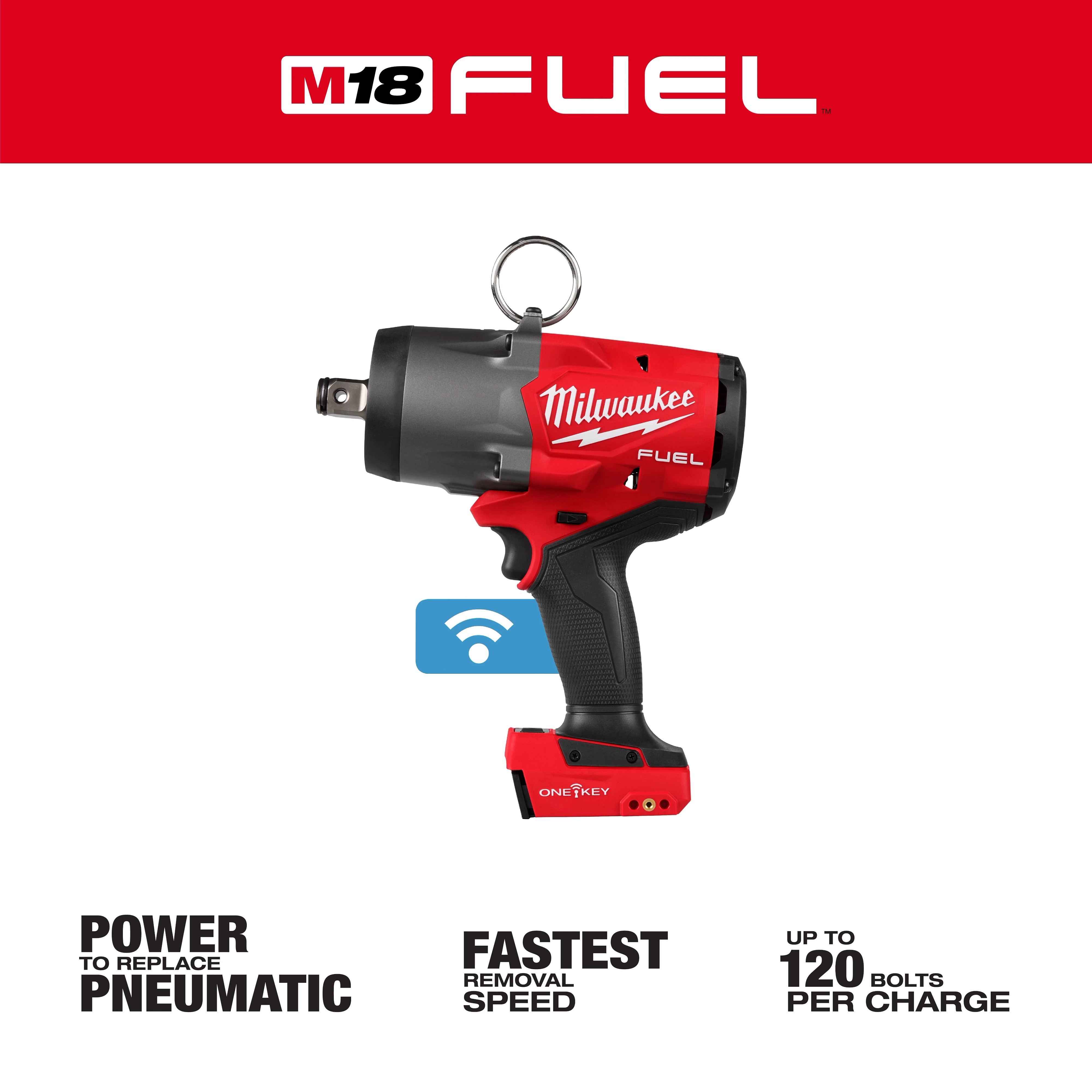 M18 FUEL 3/4" High Torque Impact Wrench w/ ONE-KEY centered on a white background with text around it.