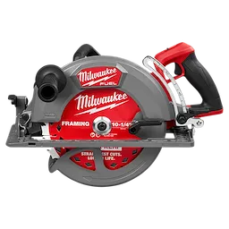 Milwaukee M18 FUEL 10-1/4" Rear Handle Circular Saw features a red and gray body with a sharp blade, used for precise wood cutting.