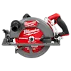 Milwaukee M18 FUEL 10-1/4" Rear Handle Circular Saw features a red and gray body with a sharp blade, used for precise wood cutting.