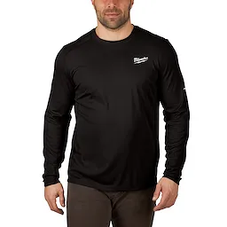 Milwaukee black, long-sleeved WORKSKIN Lightweight Performance Shirt worn by a person, featuring white company logo on the chest.