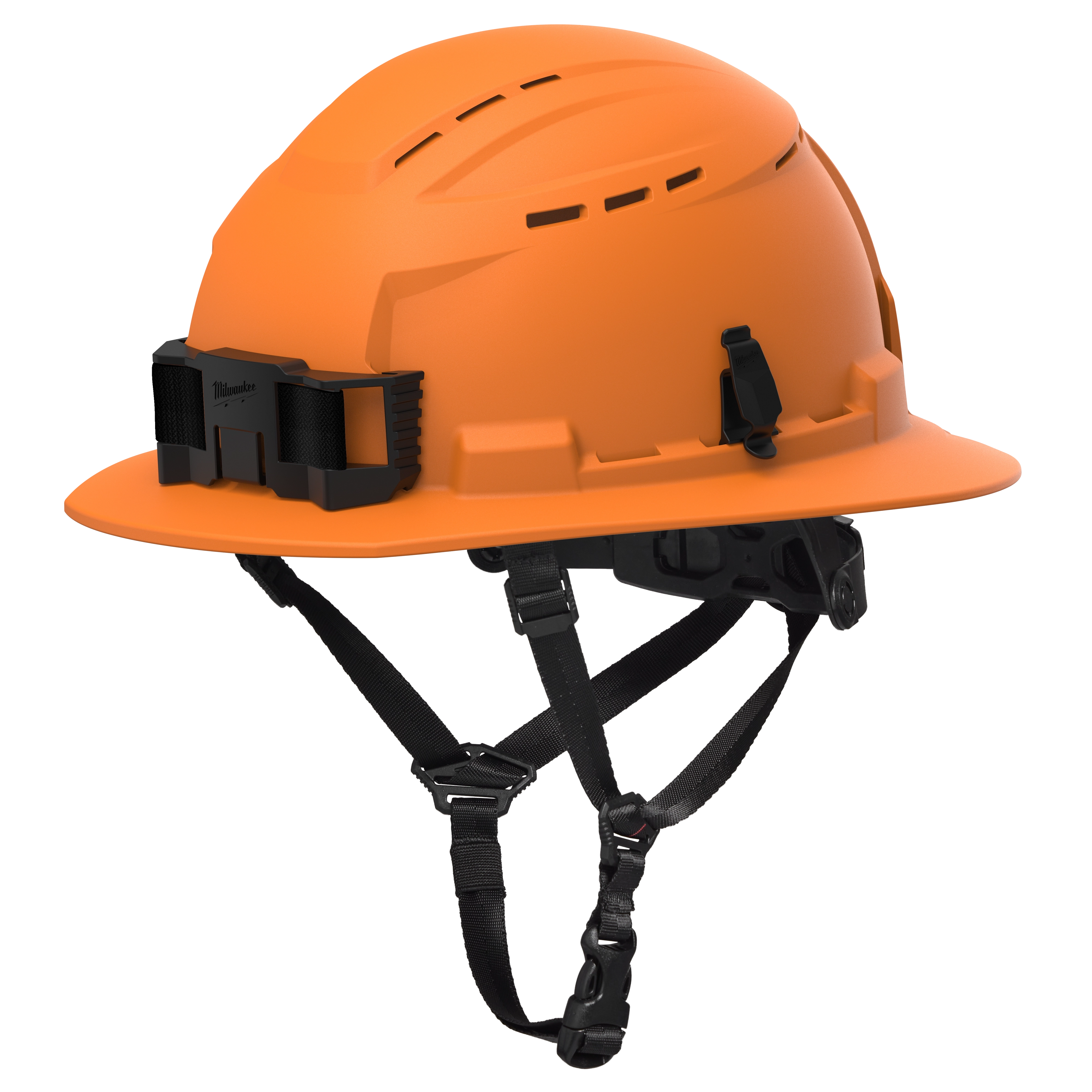 BOLT™ Orange Full Brim Vented Safety Helmet – Type 2, Class C. The bright orange helmet features a full brim design, multiple ventilation openings, adjustable chin strap, and an accessory mount on the front. Designed for optimal safety and comfort in various work environments.