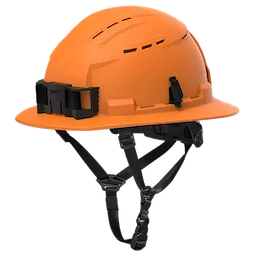 BOLT™ Orange Full Brim Vented Safety Helmet – Type 2, Class C. The bright orange helmet features a full brim design, multiple ventilation openings, adjustable chin strap, and an accessory mount on the front. Designed for optimal safety and comfort in various work environments.