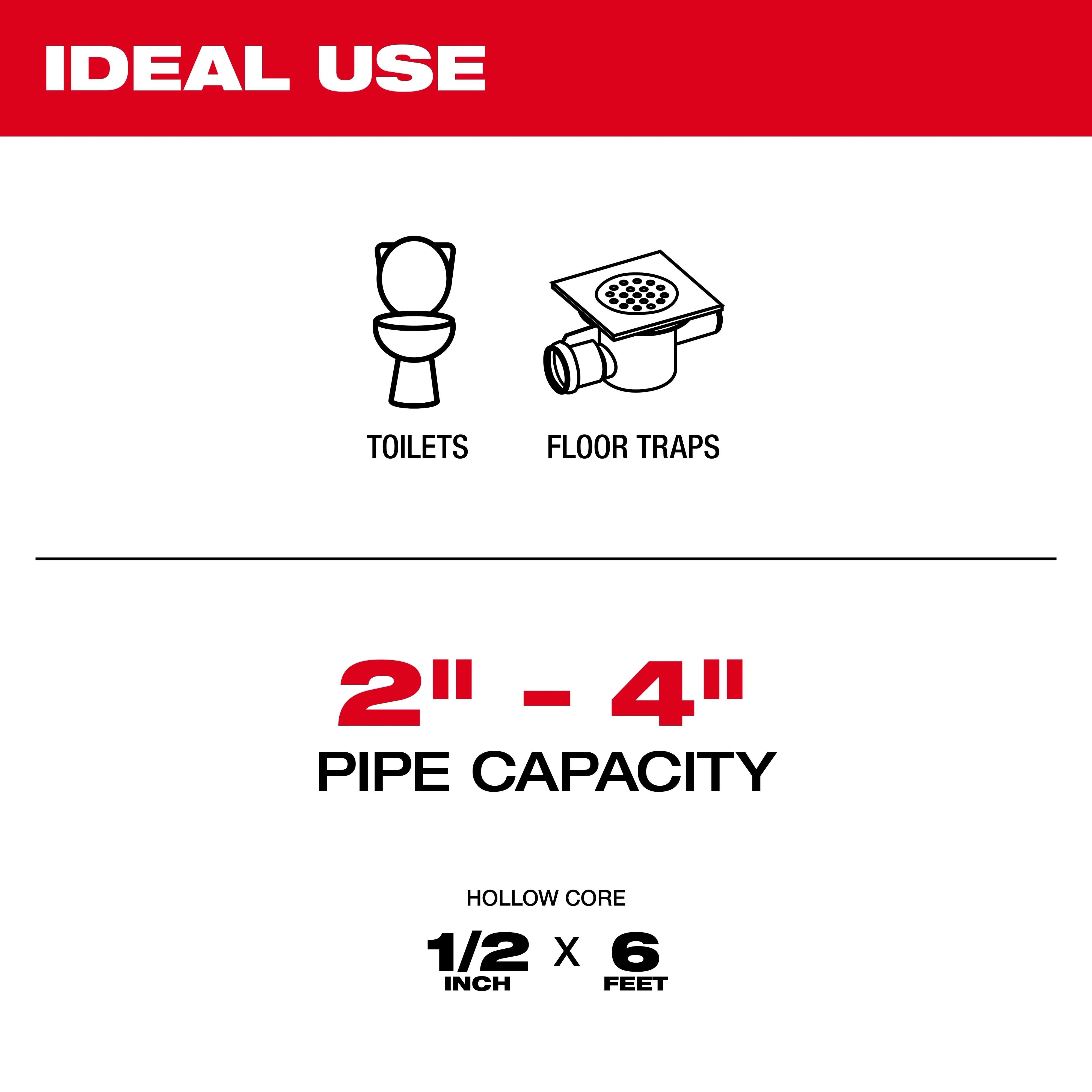 Milwaukee tool product ideal for toilets and floor traps. Suitable for pipes with 2 to 4 inches in diameter. Hollow core specifications are 1/2 inch by 6 feet.