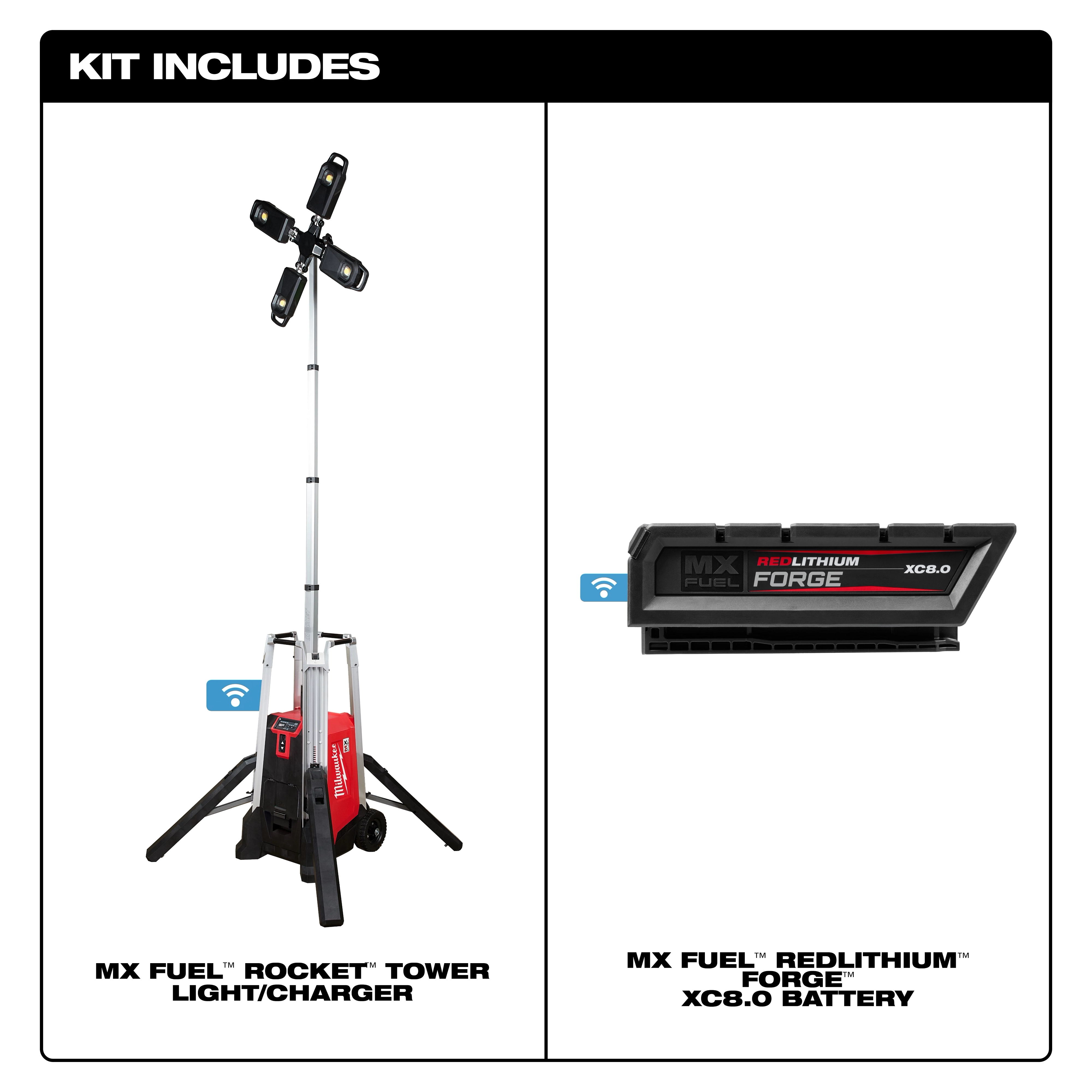 MX FUEL ROCKET Tower Light/Charger kit includes a tower light/charger with a base and a REDLITHIUM FORGE XC8.0 battery.