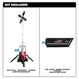 MX FUEL ROCKET Tower Light/Charger kit includes a tower light/charger with a base and a REDLITHIUM FORGE XC8.0 battery.