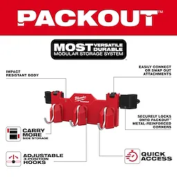 Image of the PACKOUT™ Tool Box 3-Hook Attachment which features labels pointing to its impact-resistant body, easy attachment connection points, secure locking onto metal-reinforced corners, side storage for carrying more, adjustable 3-position hooks, and quick access. The text highlights versatility, durability, and modularity.