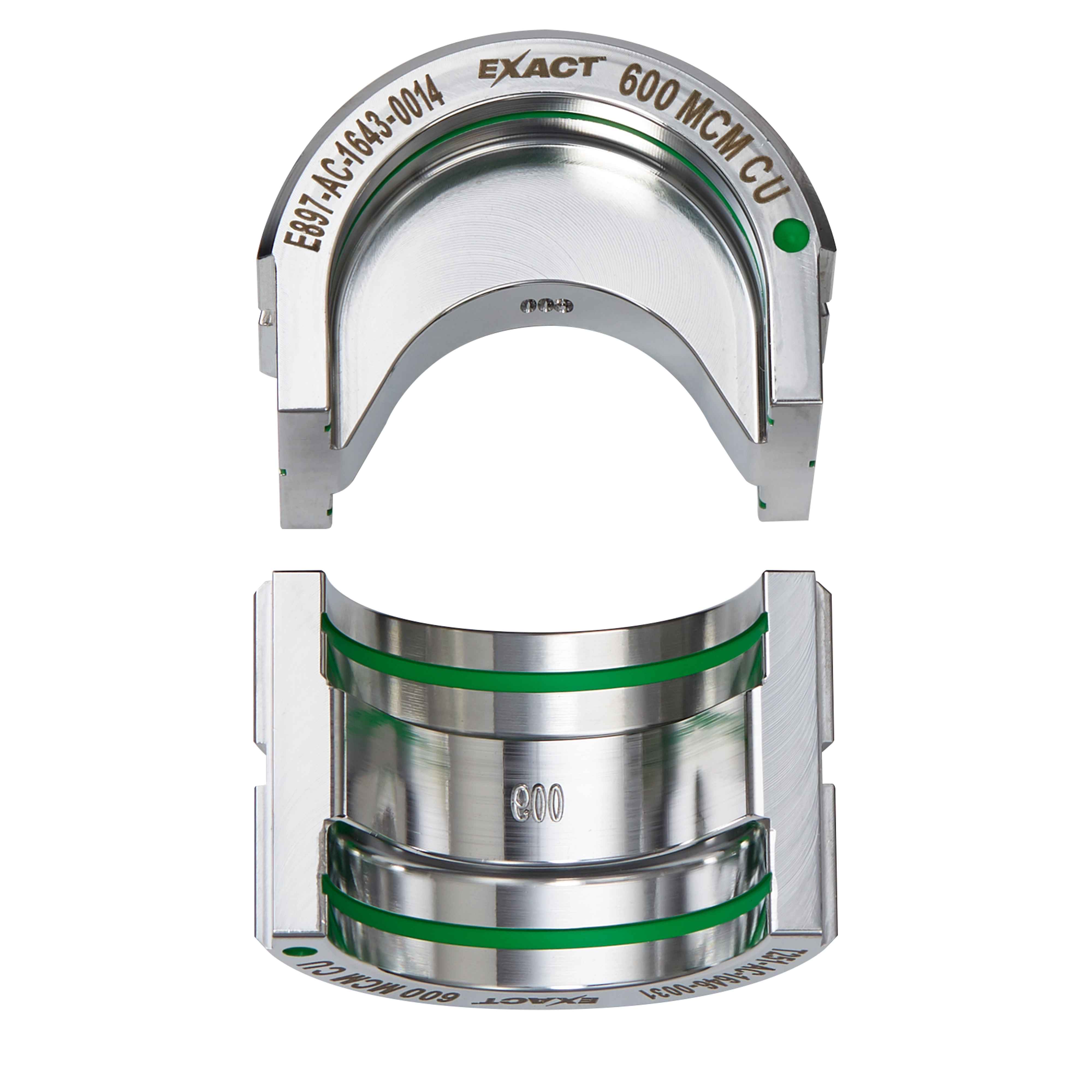 The FORCELOGIC™ M18™ 750 MCM Crimper Kit includes a crimping head and die specifically designed to crimp 600 MCM copper lugs. The components are constructed from polished metallic material with green accents. The die is engraved with its specifications: “EXACT 600 MCM CU”.