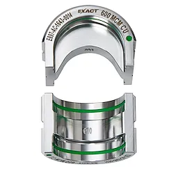 The FORCELOGIC™ M18™ 750 MCM Crimper Kit includes a crimping head and die specifically designed to crimp 600 MCM copper lugs. The components are constructed from polished metallic material with green accents. The die is engraved with its specifications: “EXACT 600 MCM CU”.