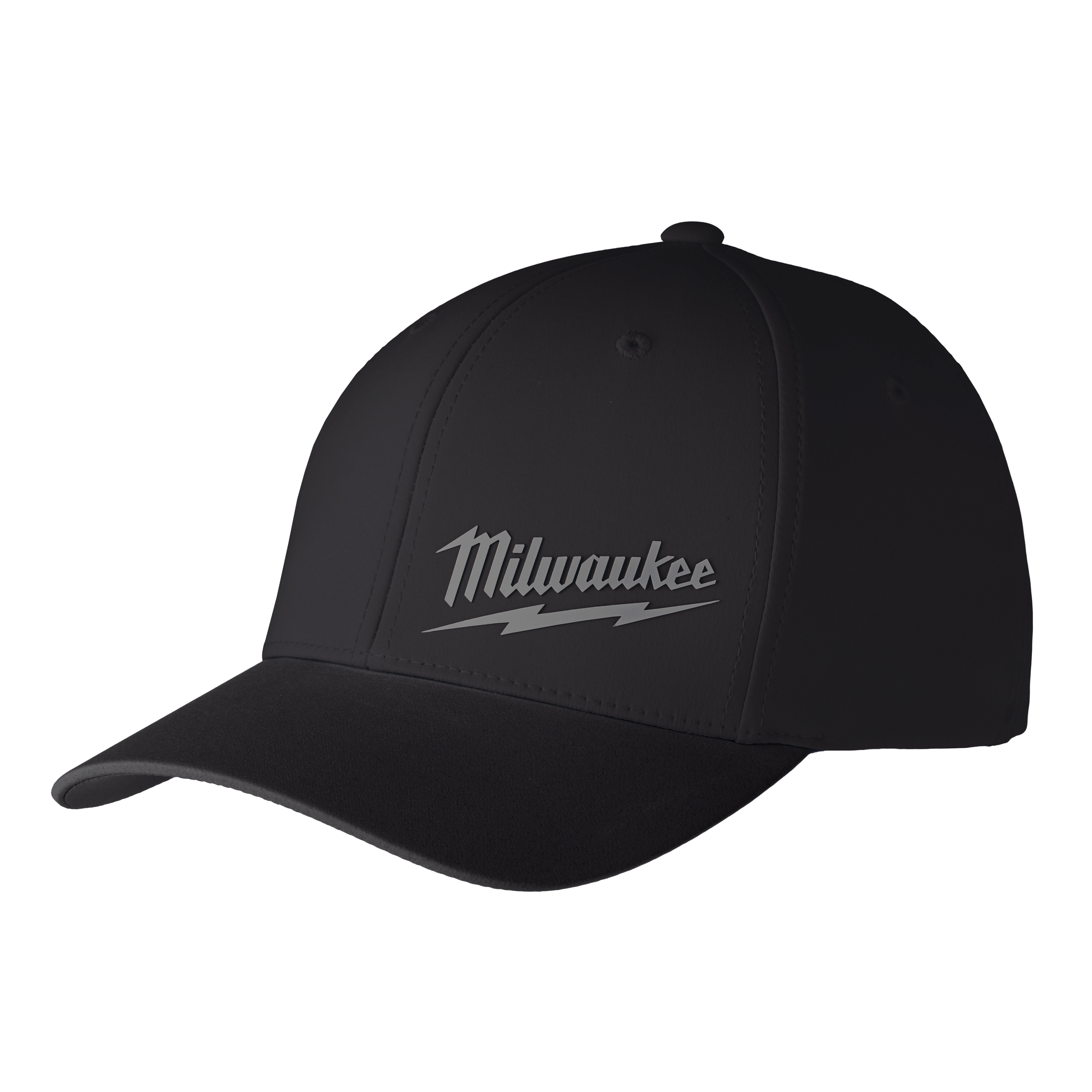 Black WORKSKIN Performance Fitted Hat with Milwaukee logo in gray text and a lightning bolt design on the front.