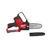 Red and black M12 FUEL HATCHET 6-inch Pruning Saw with a protective blade cover. The saw features a cordless design and ergonomic handle.
