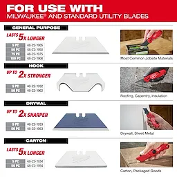 Utility blades chart with FASTBACK Folding Utility Knife and FASTBACK Compact Folding Utility Knife cutting various materials.
