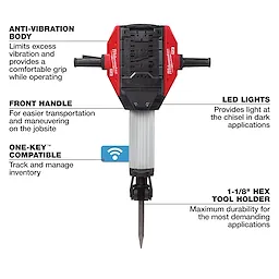 MX FUEL Breaker Kit with anti-vibration body, front handle, LED lights, One-Key compatibility, and 1-1/8" hex tool holder.