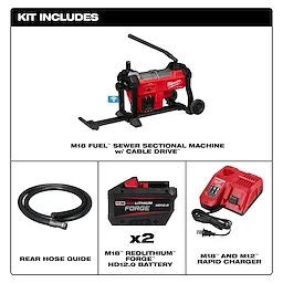 The image shows the M18 FUEL™ Sewer Sectional Machine w/ CABLE DRIVE™ Kit. It includes the machine, a rear hose guide, two M18™ REDLITHIUM™ FORGE™ HD12.0 batteries, and an M18™ and M12™ rapid charger.