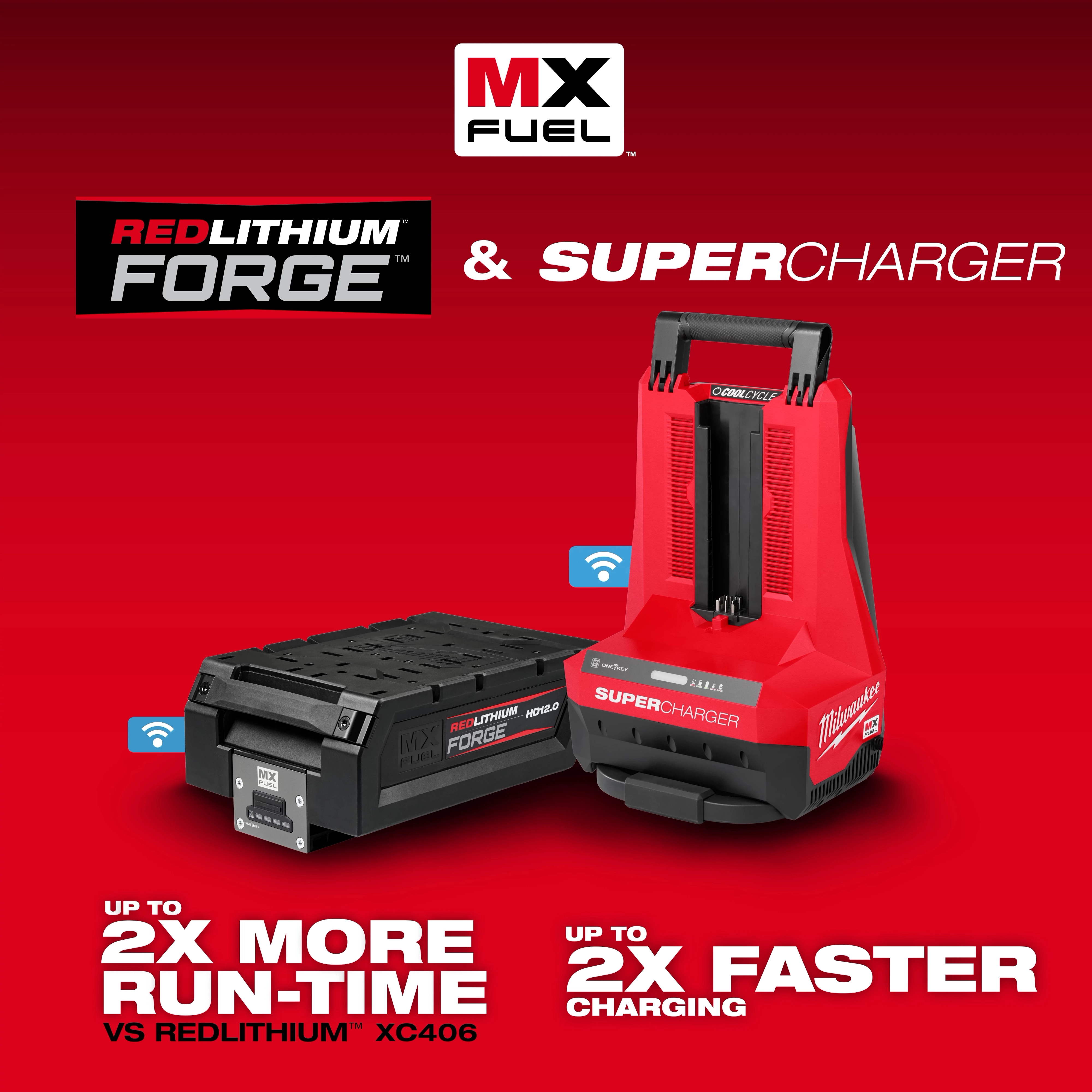 MX FUEL battery pack and super charger, offering up to 2x more runtime and 2x faster charging compared to REDLITHIUM XC406.