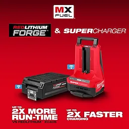MX FUEL battery pack and super charger, offering up to 2x more runtime and 2x faster charging compared to REDLITHIUM XC406.