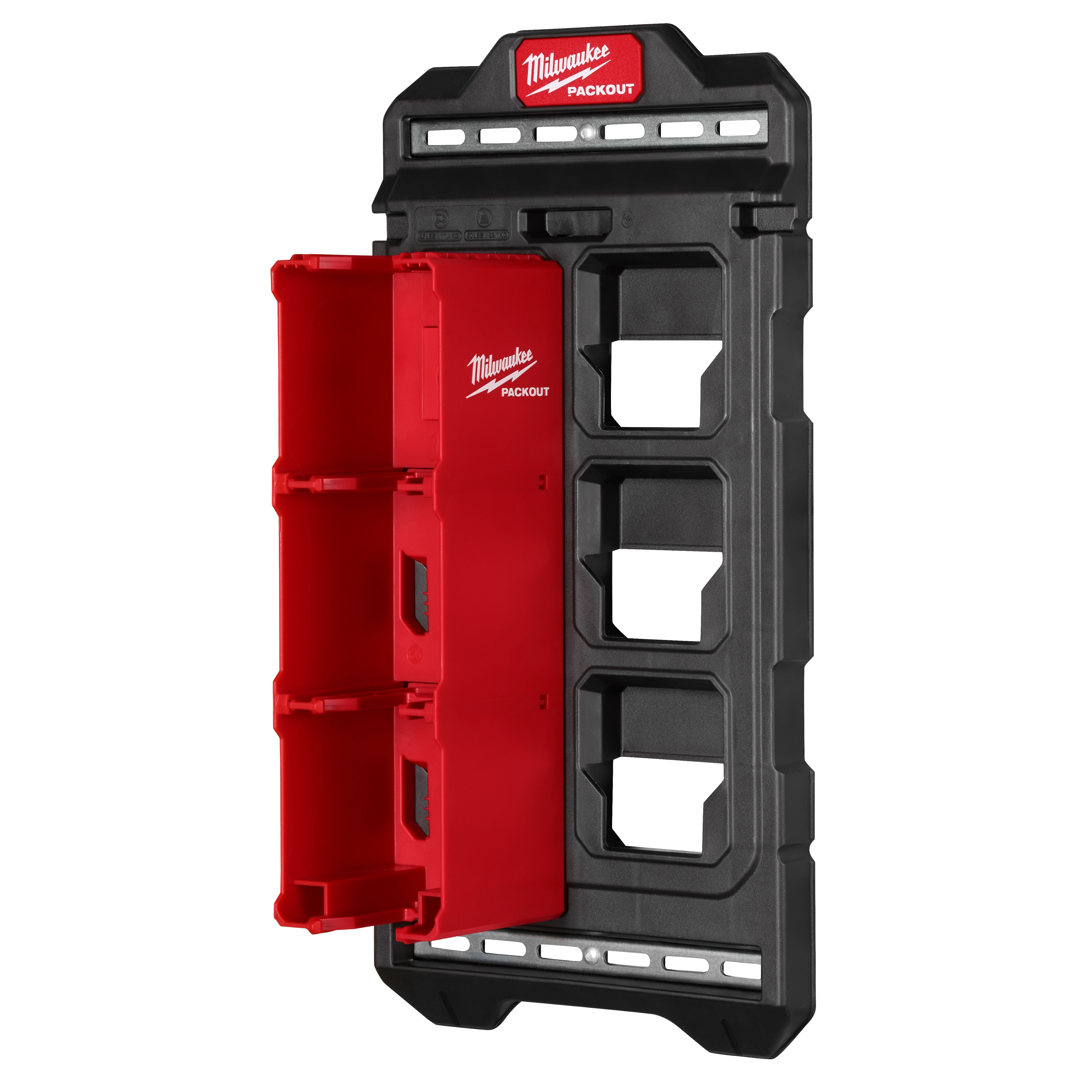PACKOUT Compact Wall Plate with red compartments for tool storage and black frame background. Wall-mountable and stackable.