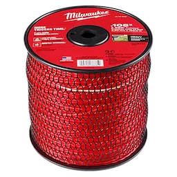 Red Milwaukee trimmer line spool with black netting, product information, and branding on top.