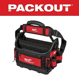 Milwaukee PACKOUT tool bag with a black handle, red and black color scheme, multiple pockets, and adjustable shoulder strap.