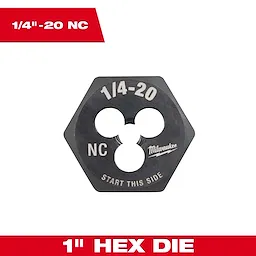 Milwaukee 1" Hex Die, part number 49-57-5334, featuring a 1/4"-20 NC threading, with "Start This Side" marked on it.