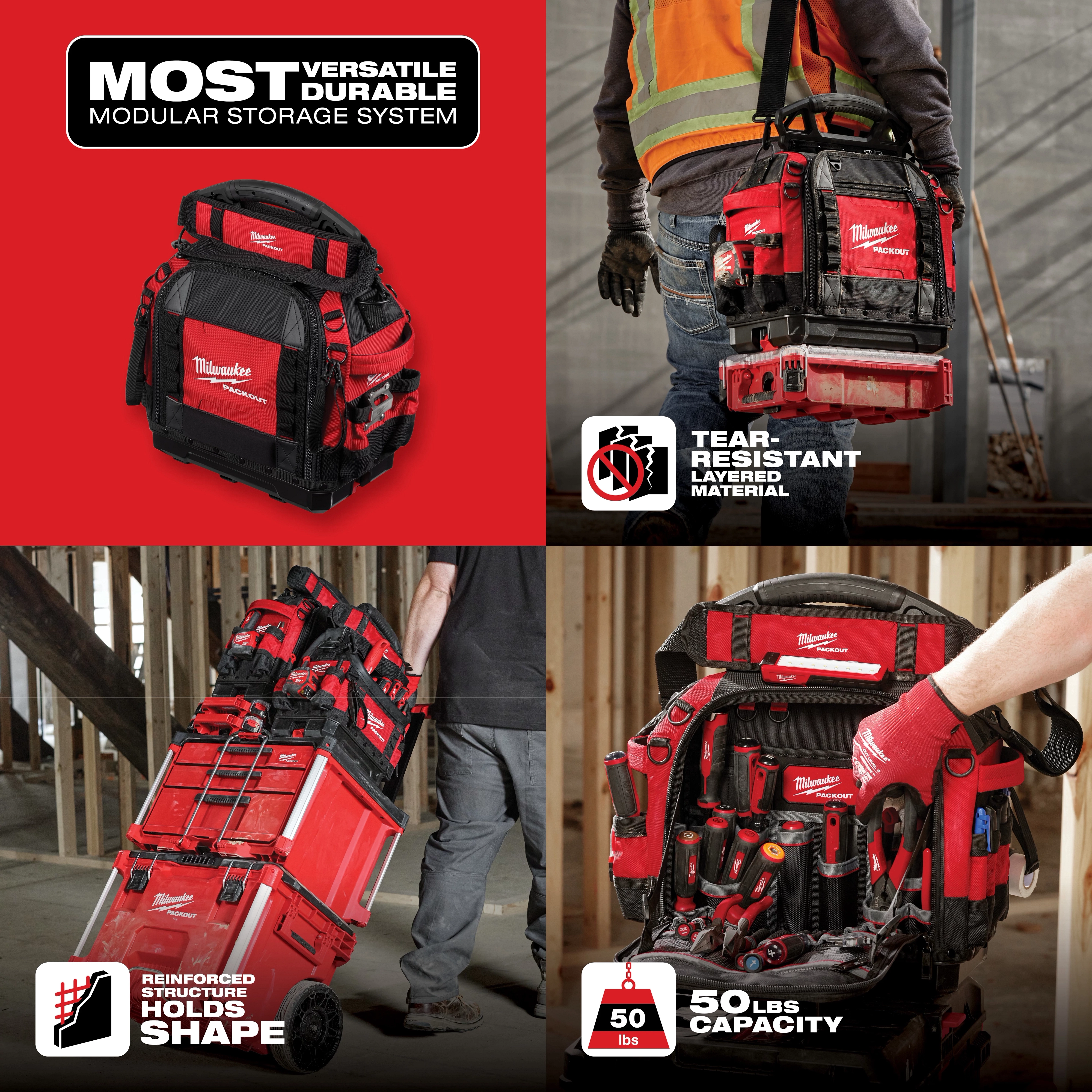 Milwaukee modular storage system showcasing its durability, tear-resistant material, reinforced structure, and 50 lbs capacity, depicted in various work scenarios.