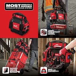 Milwaukee modular storage system showcasing its durability, tear-resistant material, reinforced structure, and 50 lbs capacity, depicted in various work scenarios.