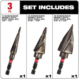 The 48-89-9257 SHOCKWAVE Impact Duty Step Bit Set Includes three pieces: #1 (1/8" - 1/2"), #4 (3/16" - 7/8"), and #9 (7/8" & 1-1/8") step drill bits. Suitable for impact drivers, each bit has a titanium coating and hex shank.