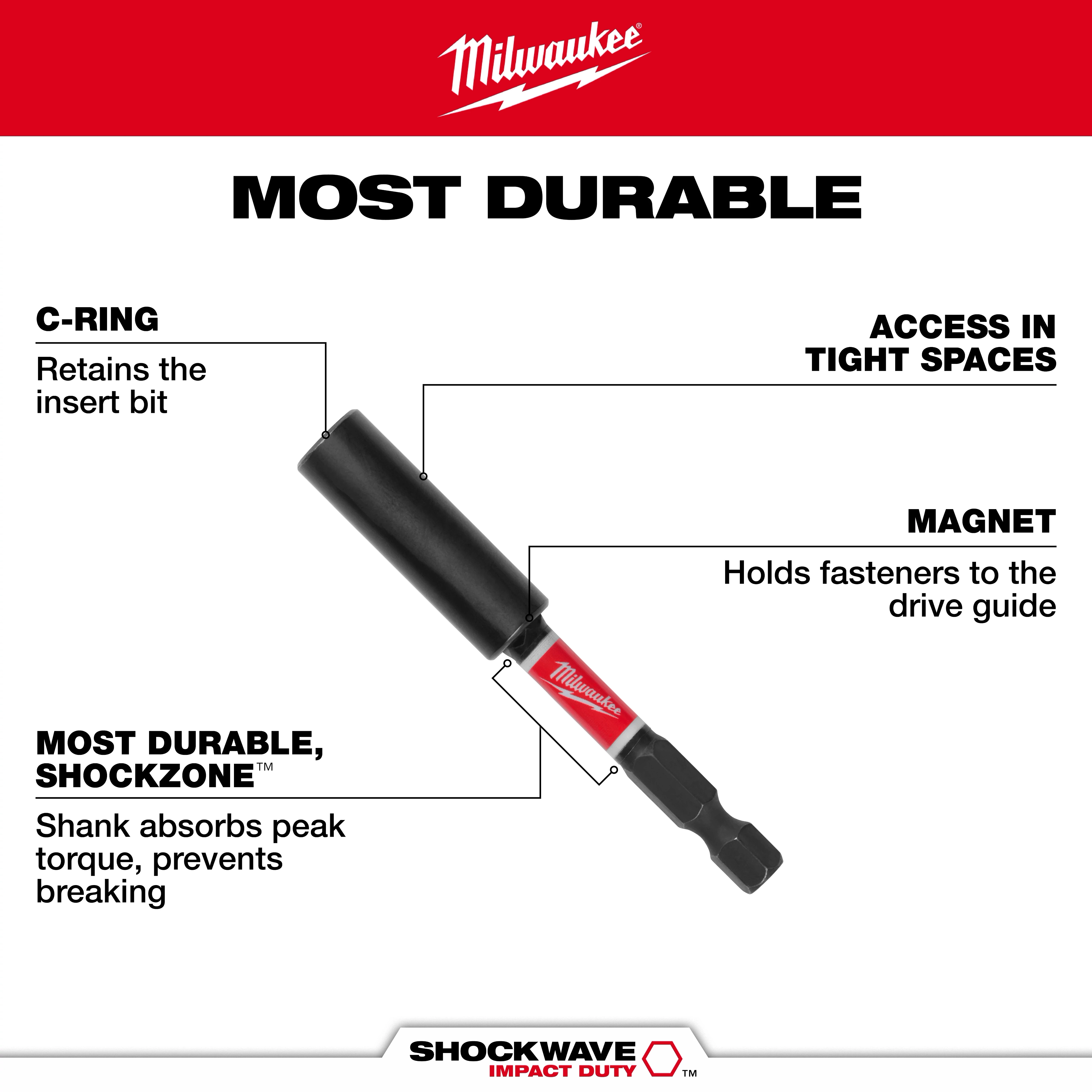The image shows the SHOCKWAVE™ Magnetic Bit Holder Walk Around by Milwaukee. Features include a C-ring for bit retention, magnetic fastener holding, and Shockzone™ for peak torque absorption, ensuring durability and preventing breaking. It is designed for access in tight spaces. The image emphasizes its durability and impact resistance.