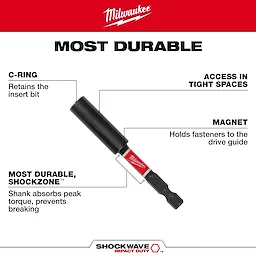The image shows the SHOCKWAVE™ Magnetic Bit Holder Walk Around by Milwaukee. Features include a C-ring for bit retention, magnetic fastener holding, and Shockzone™ for peak torque absorption, ensuring durability and preventing breaking. It is designed for access in tight spaces. The image emphasizes its durability and impact resistance.