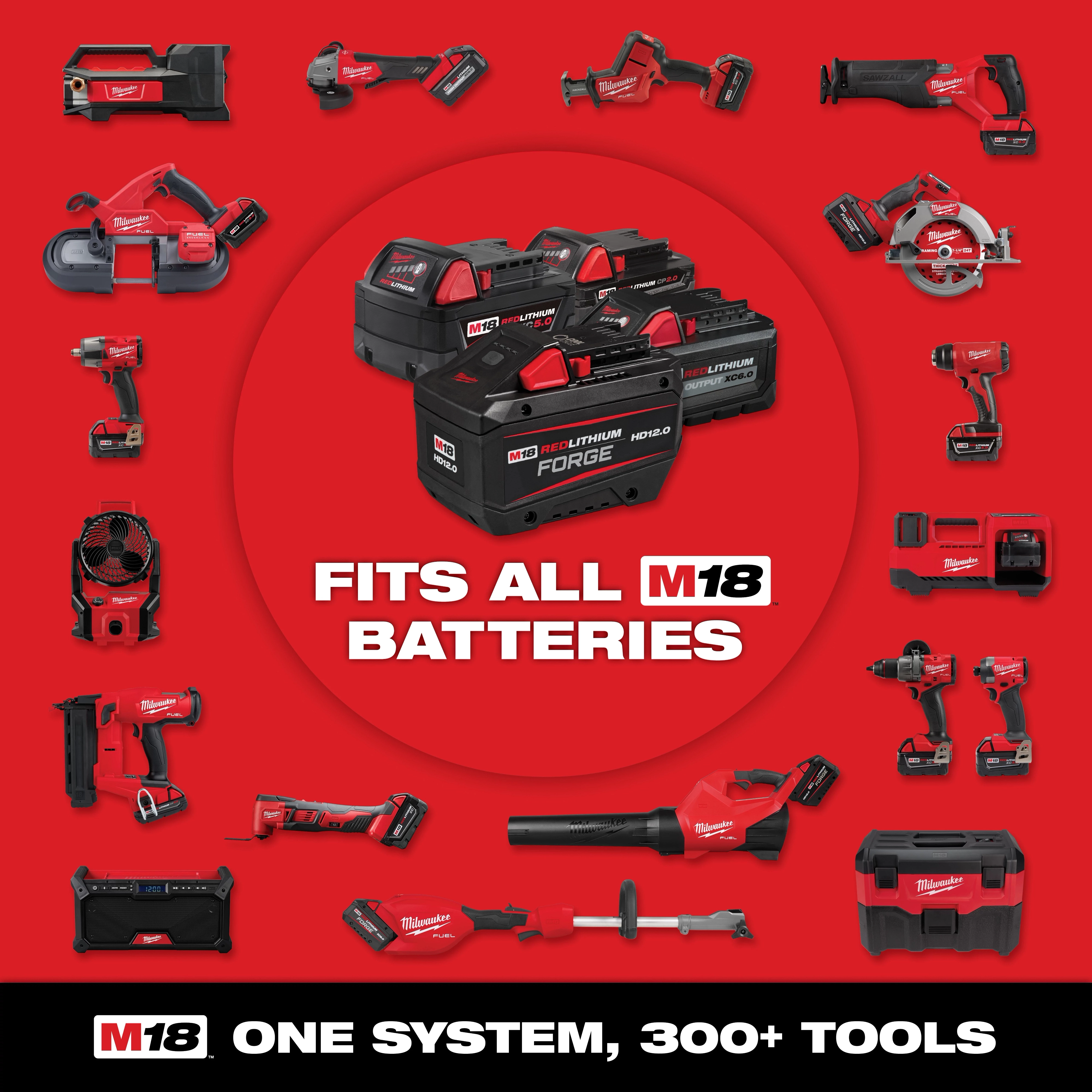 Image of the M18 system product line with M18 logo and the text "Performance Driven. Trade Focused. System Wide. One System, 250+ Tools."