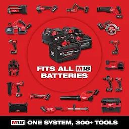 Image of the M18 system product line with M18 logo and the text "Performance Driven. Trade Focused. System Wide. One System, 250+ Tools."