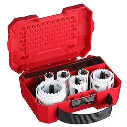 17 PC HOLE DOZER KIT in a red case, containing various sizes of white hole saws neatly arranged with a black handle for carrying.