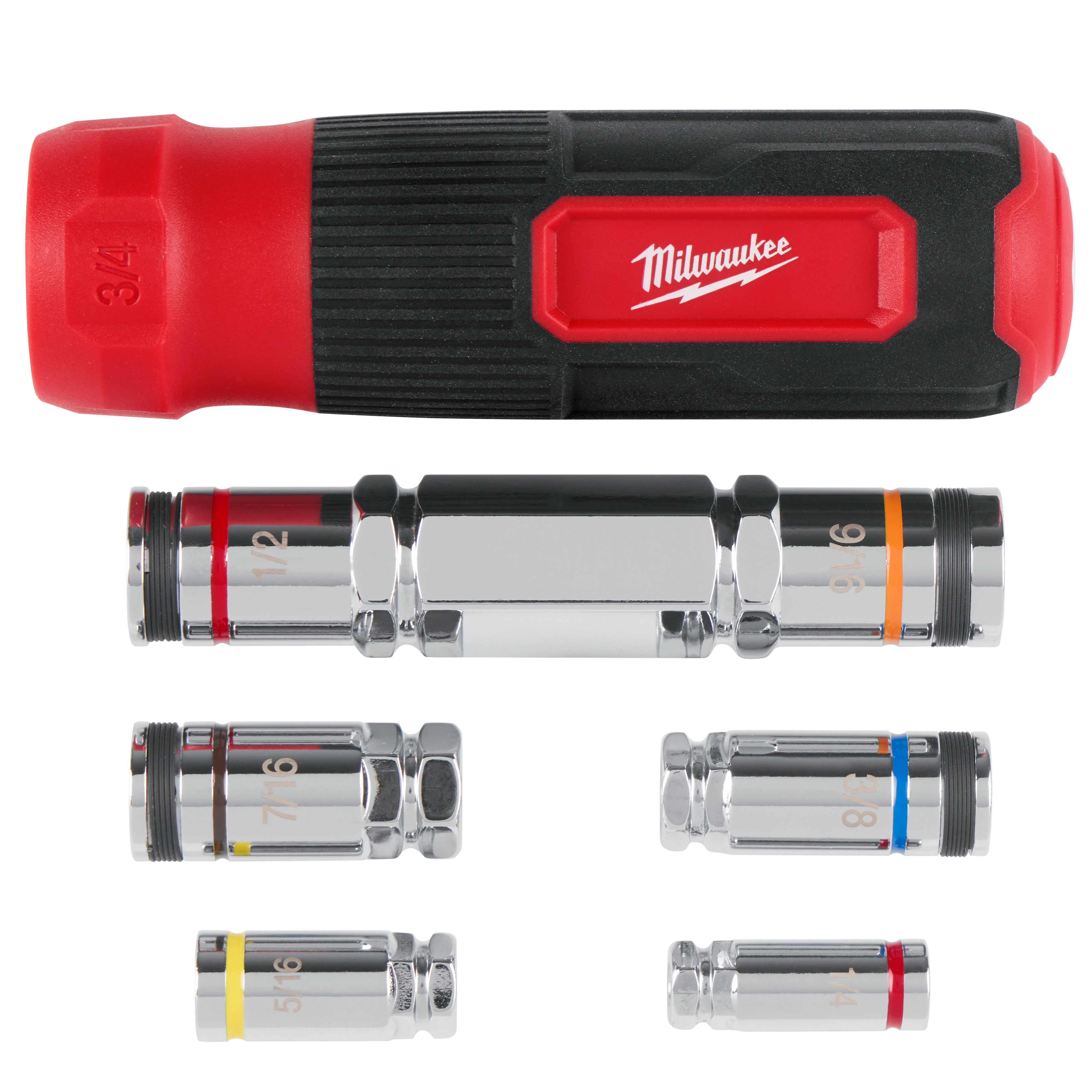7-IN-1 Hollowcore Multi-Nut Driver set displayed with handle and six detachable sockets in various sizes, each labeled and color-coded.