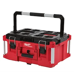 Red PACKOUT Modular Storage System Large Tool Box with black lid, metal latches, and a top handle for portability.