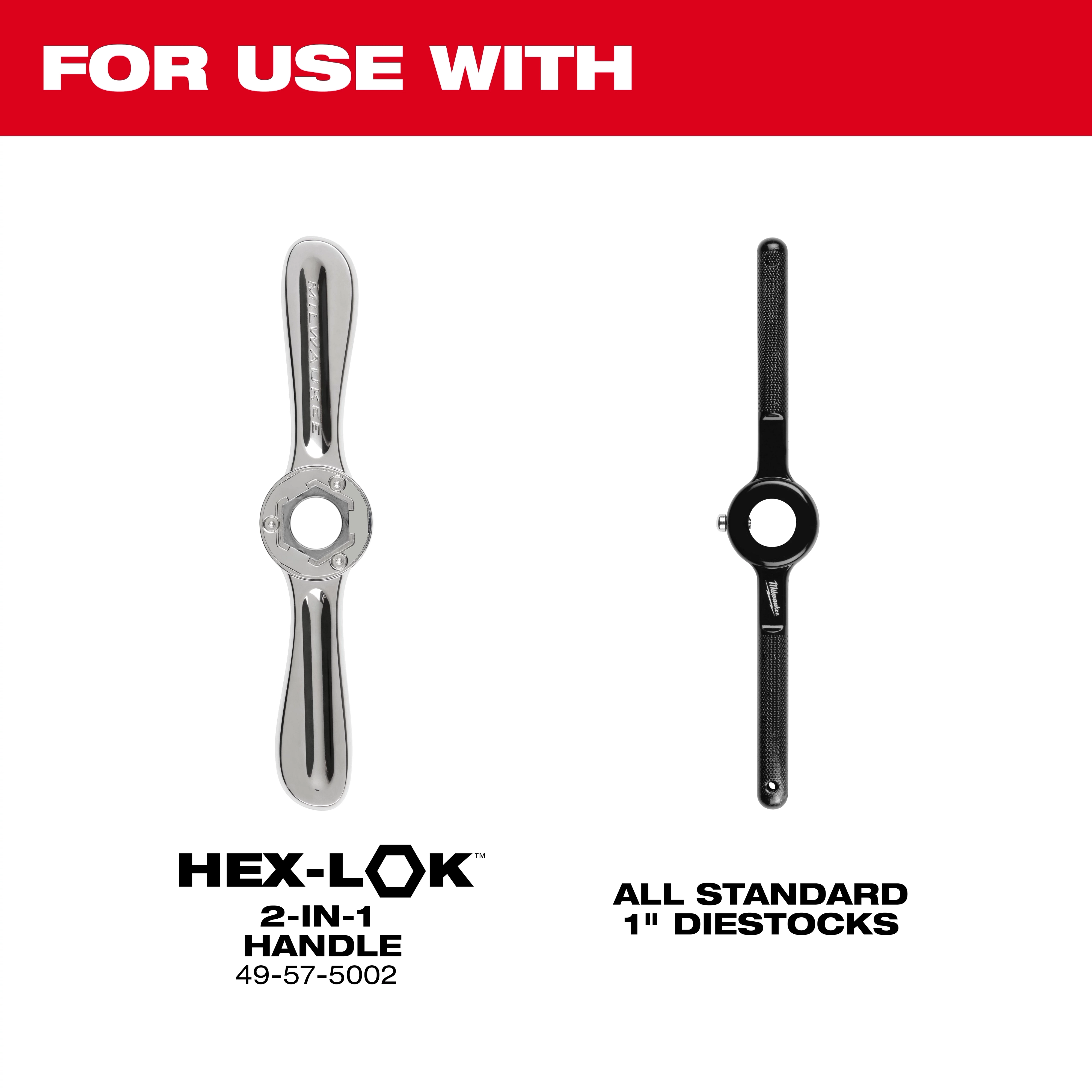 1-Inch Hex Dies For Use With Hex-Lok 2-in-1 Handle model 49-57-5002 and all standard 1” diestocks, shown against a white background.
