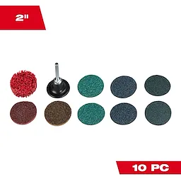 The image displays a 10PC 2" Quick Change Disc Kit, 50 GRIT SANDING DISC, featuring ten assorted sanding and surface preparation discs and one mandrel, arranged in two rows on a white background.