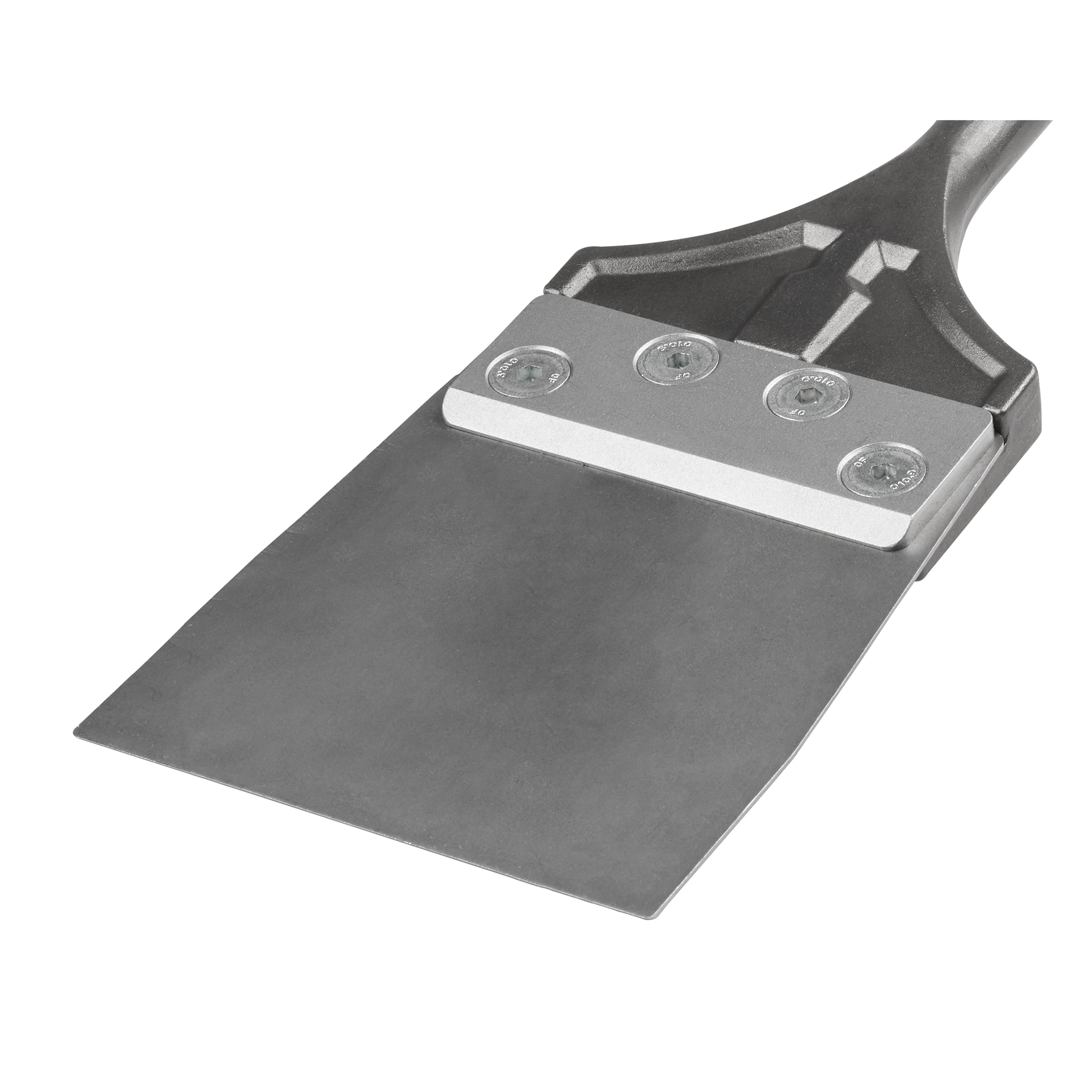 SDS MAX Floor Scraper features a flat, wide metal blade secured with screws, designed for efficient floor scraping and removal tasks.