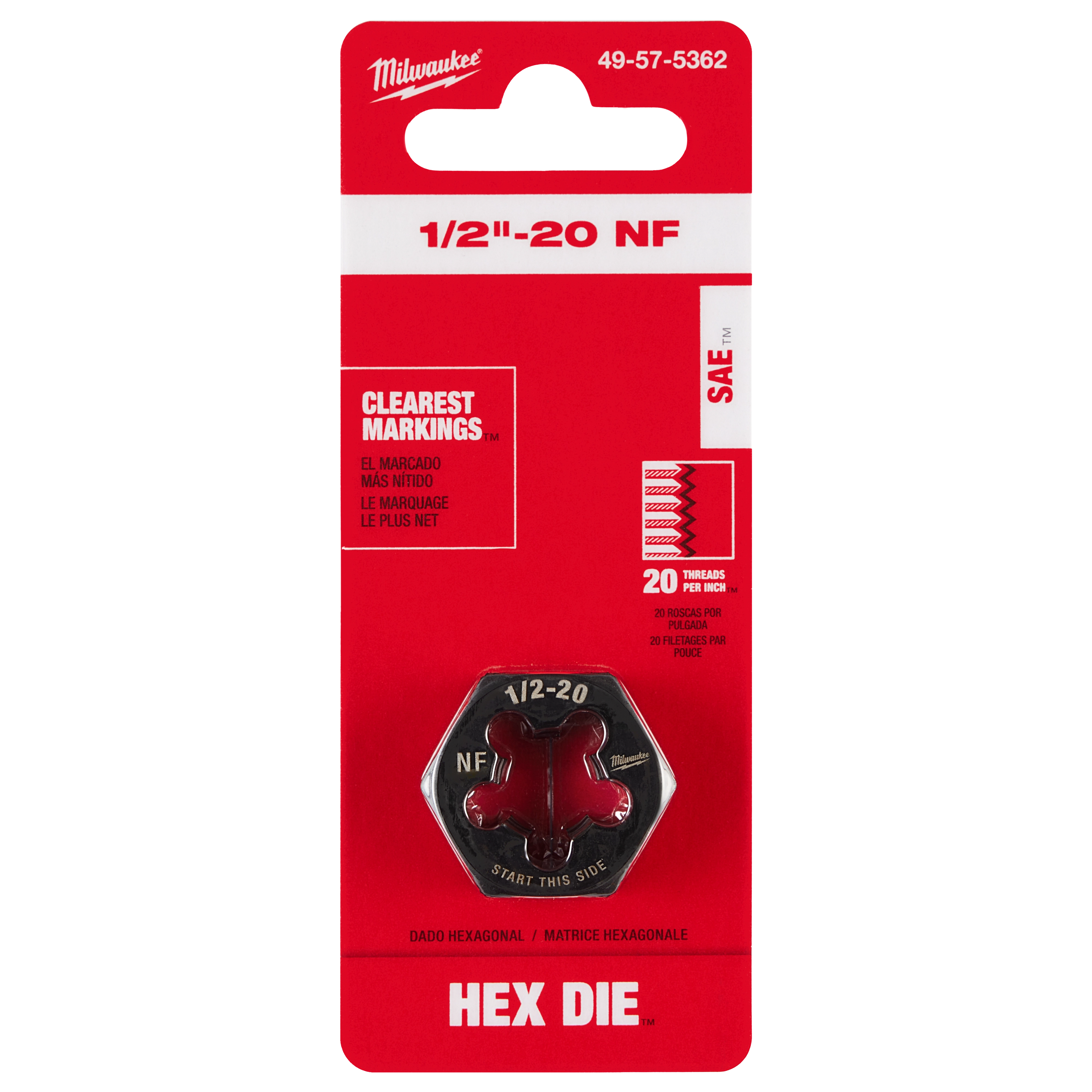 1/2"-20 NF 1-Inch Hex Threading Die in a red and white package with clear markings, showing 20 threads per inch.