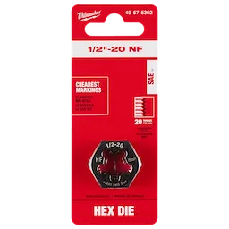 1/2"-20 NF 1-Inch Hex Threading Die in a red and white package with clear markings, showing 20 threads per inch.