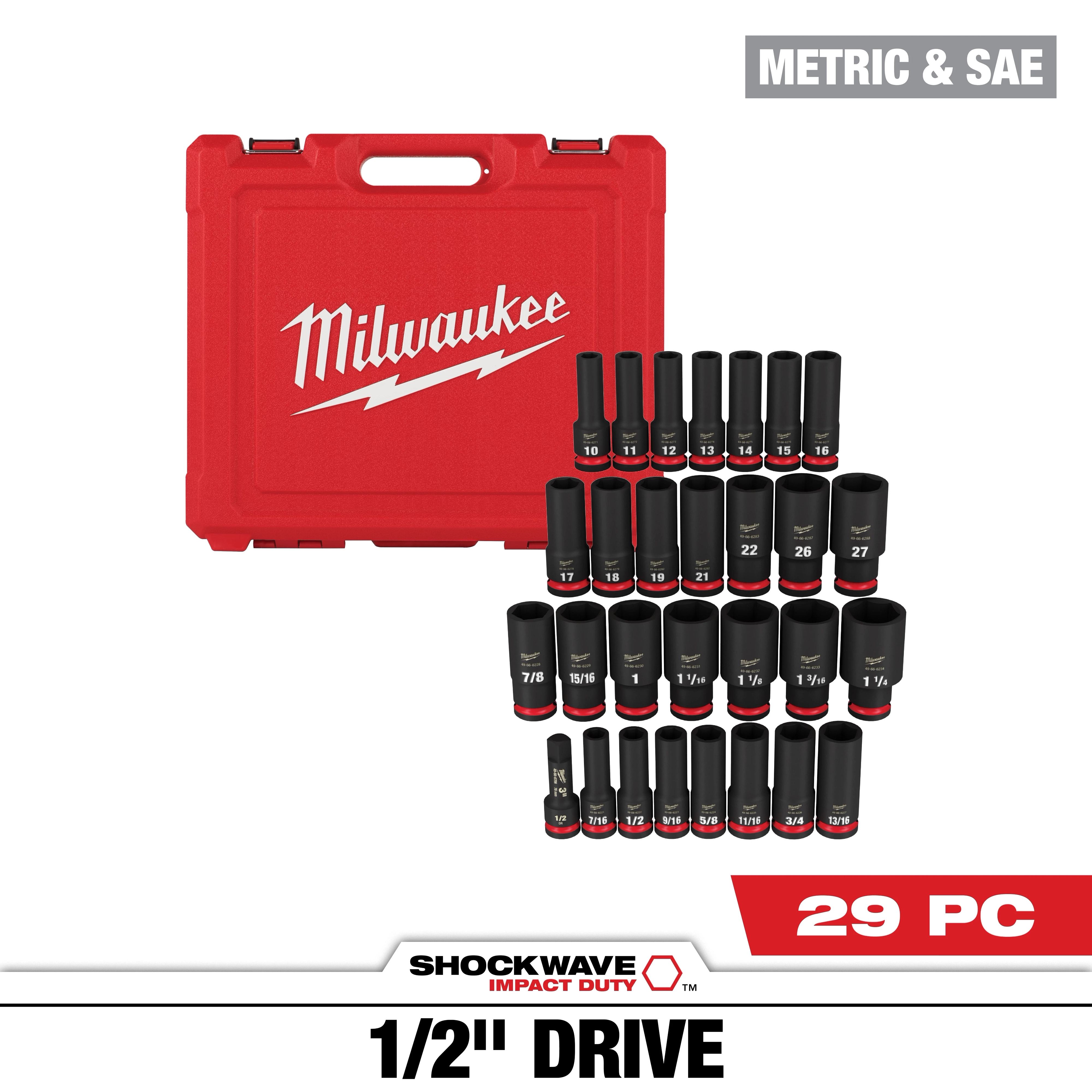 The SHOCKWAVE 1/2 in. Drive SAE and Metric 6 Point Impact Socket Set (29-Piece) includes various sockets with sizes in SAE and Metric measurements in a red Milwaukee carrying case. The set is clearly labeled and organized with sockets displayed in rows.
