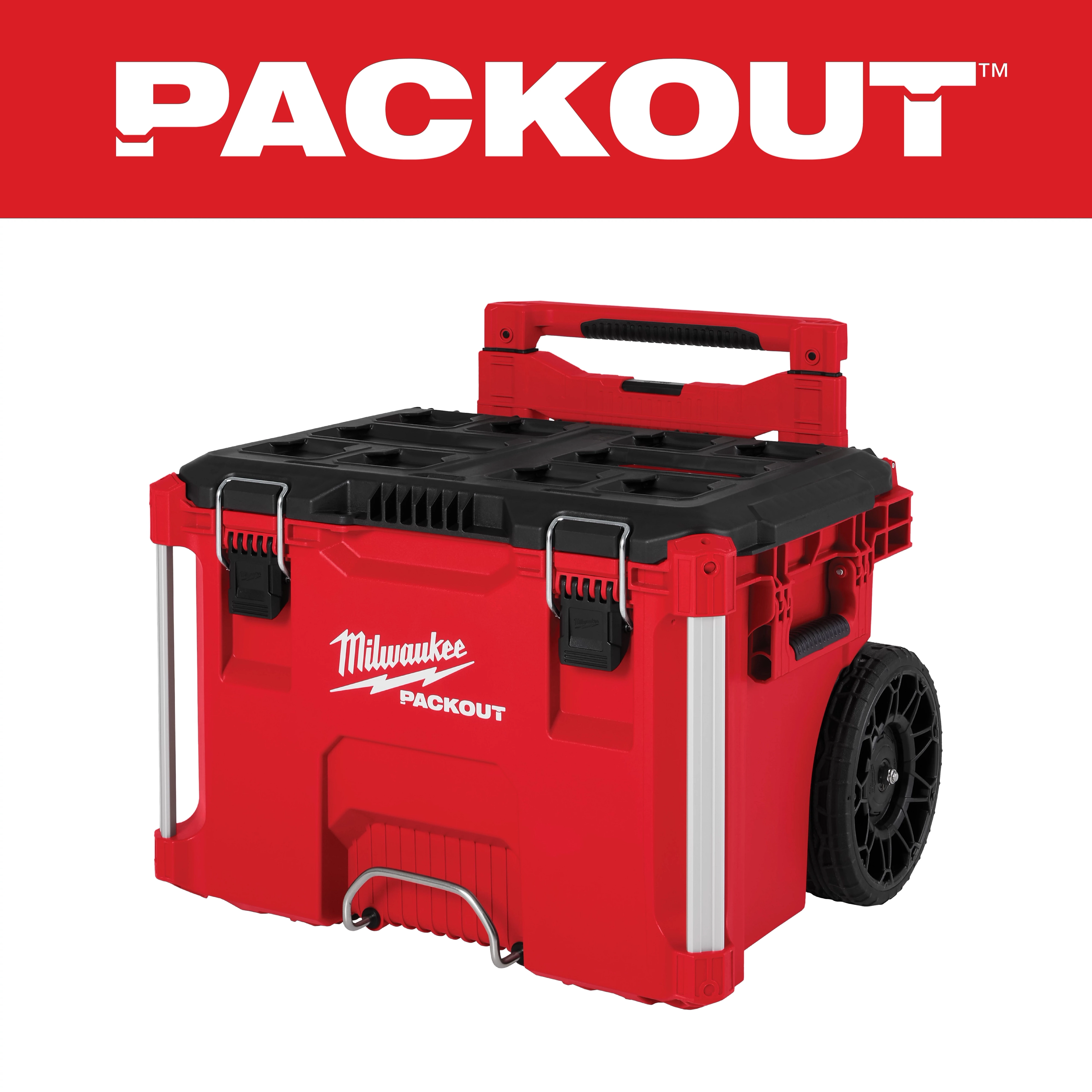 PACKOUT Rolling Tool Box in red with black handle and wheels, featuring durable latches and ample storage space.