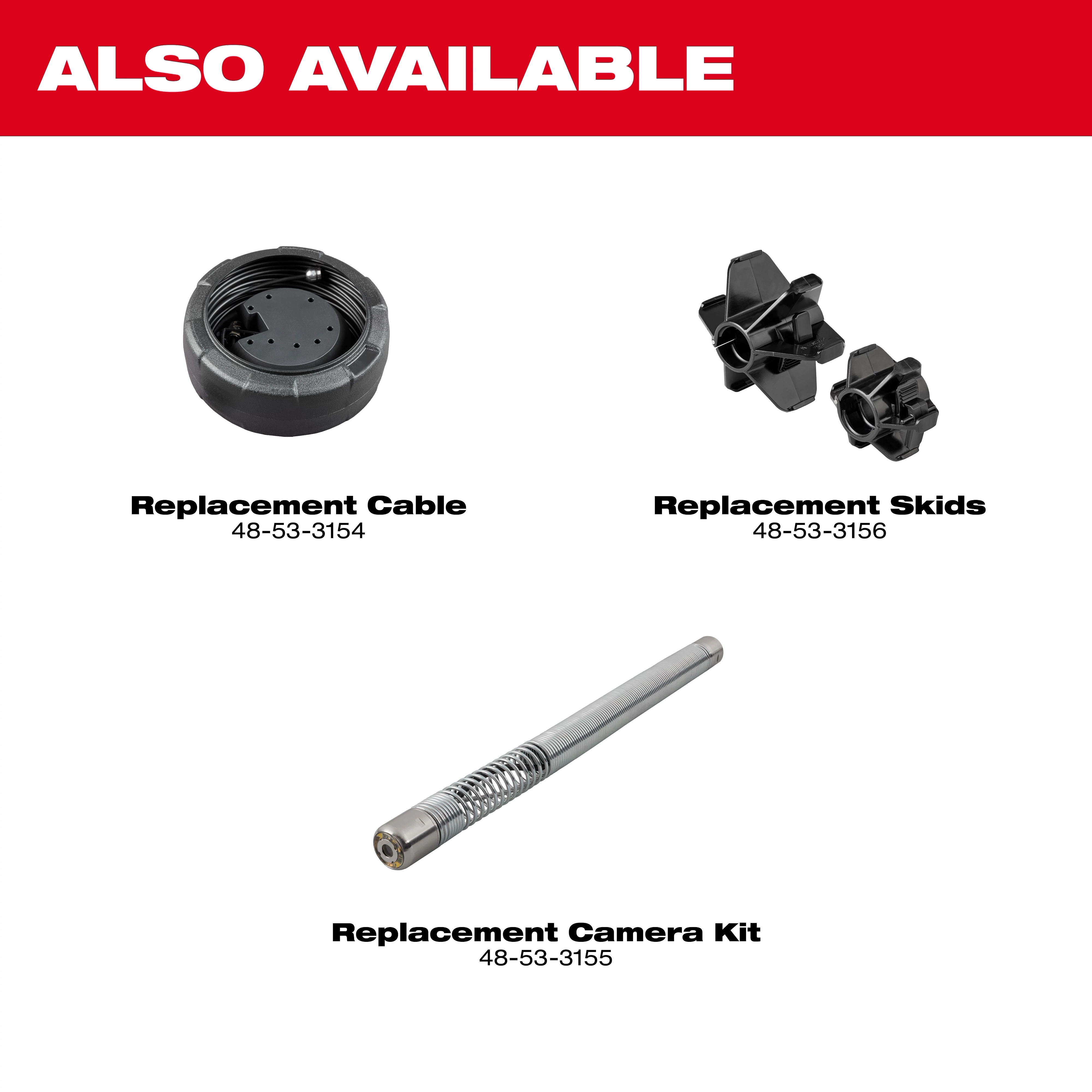 The image shows replacement parts available for the M12™ 75' Drain Camera w/ PACKOUT™ Compatibility. Featured items include a Replacement Cable, Replacement Skids, and a Replacement Camera Kit, with their respective part numbers shown below each item.