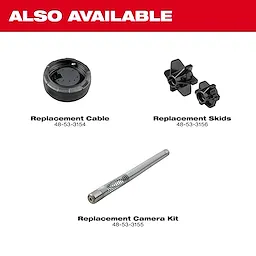 The image shows replacement parts available for the M12™ 75' Drain Camera w/ PACKOUT™ Compatibility. Featured items include a Replacement Cable, Replacement Skids, and a Replacement Camera Kit, with their respective part numbers shown below each item.