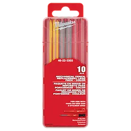 Pack of 10 multicolor Mechanical Pencil Replacement Lead sticks in a red plastic case, with both English and Spanish labels.