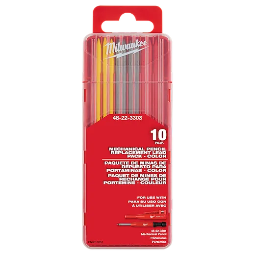 Pack of 10 multicolor Mechanical Pencil Replacement Lead sticks in a red plastic case, with both English and Spanish labels.