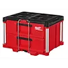 Red PACKOUT 2 Drawer Tool Box with black handles and reinforced corners. Features two drawers and a flat top for stacking.