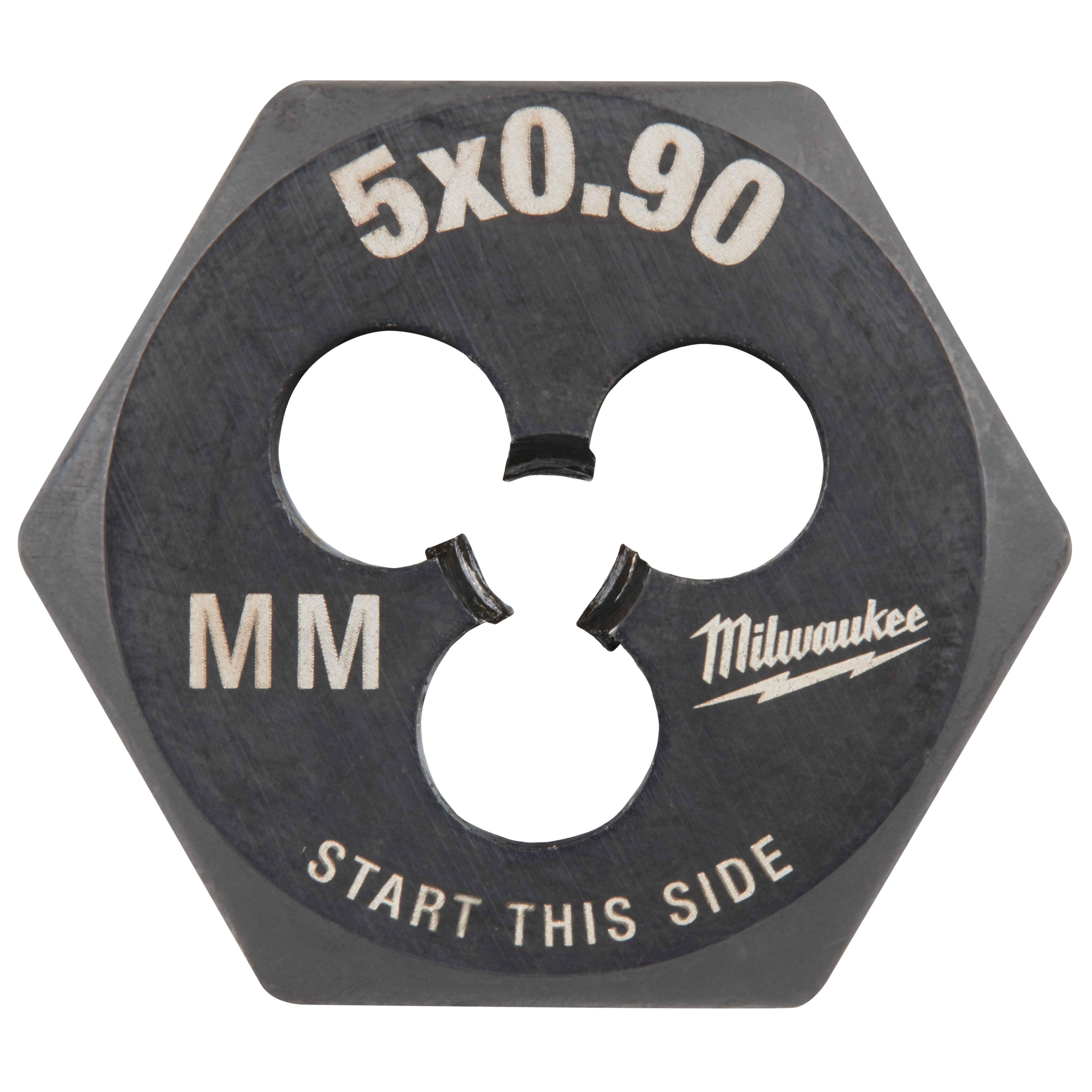 M5-0.90 20mm 1-Inch Hex Die with threading specifications marked. Text reads "5x0.90," "MM," "Start this side," and brand name.