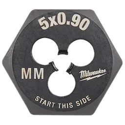 M5-0.90 20mm 1-Inch Hex Die with threading specifications marked. Text reads "5x0.90," "MM," "Start this side," and brand name.