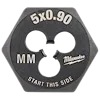 M5-0.90 20mm 1-Inch Hex Die with threading specifications marked. Text reads "5x0.90," "MM," "Start this side," and brand name.