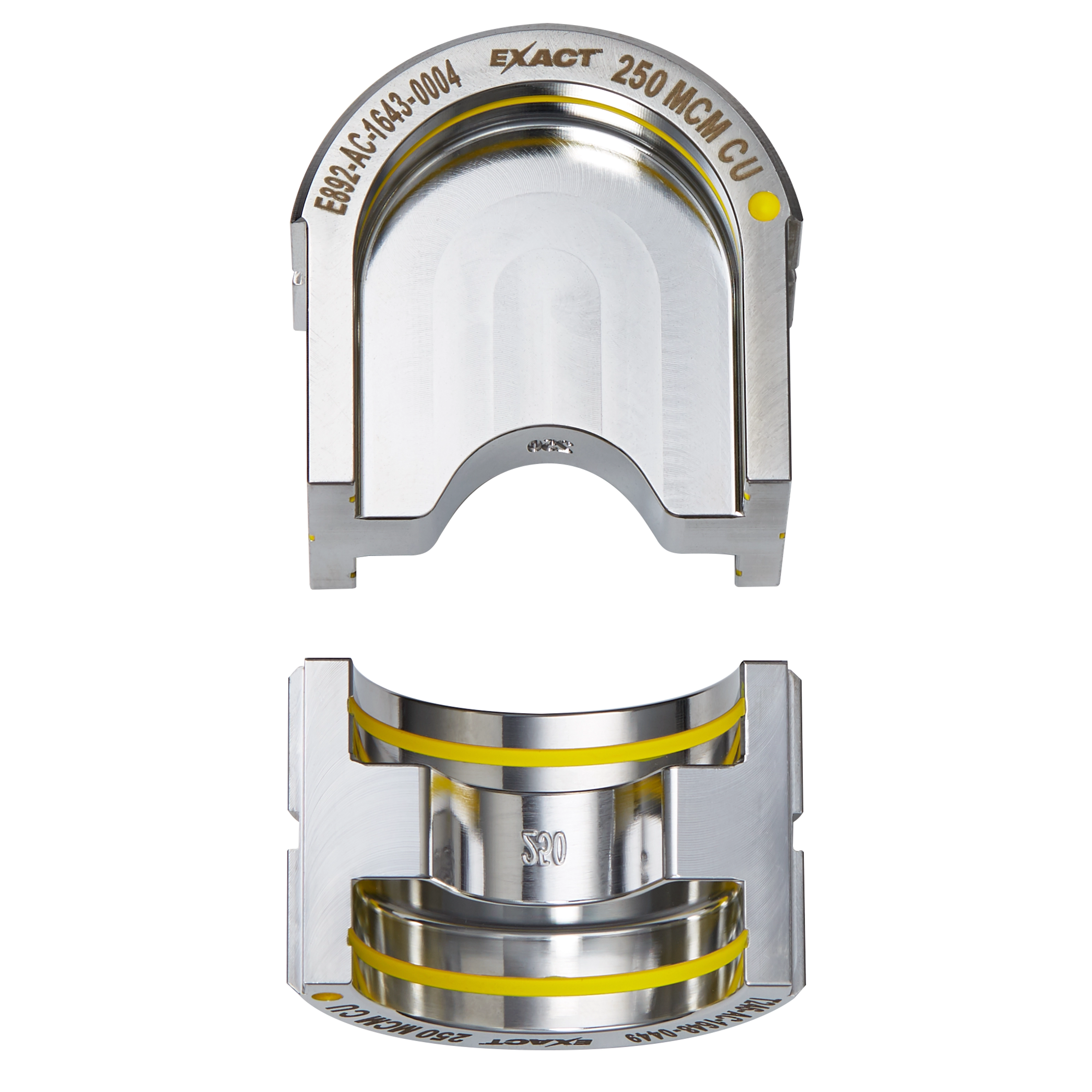 The FORCELOGIC™ M18™ 750 MCM Crimper Kit. Image shows the crimping dies with the top die labeled "250 MCM CU" and the bottom die labeled "520." Both are shiny metal with yellow accents and fit together during operation.
